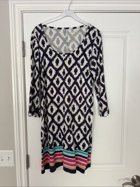 Lilly Pulitzer Navy & White Ikat Dress with Multicolor Stripe Hem